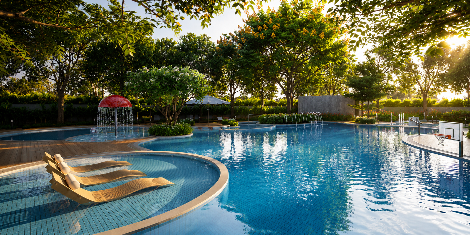 Resort-style swimming pool surrounded by landscaped greenery