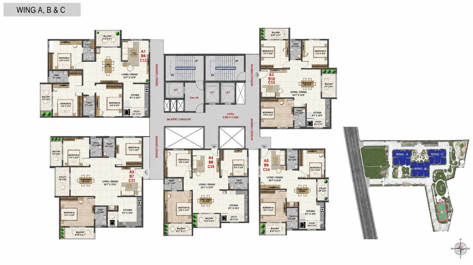 Wing A, B and C floor plan